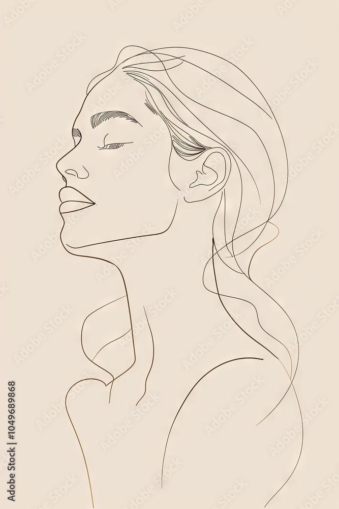 Elegant Line Art Portrait of a Woman: Minimalist Profile Illustration Emphasizing Grace and Beauty Against a Soft Beige Background Elegant Line Art Portrait of a Woman: Minimalist Profile Illustration Emphasizing Grace and Beauty Against a Soft Beige Background