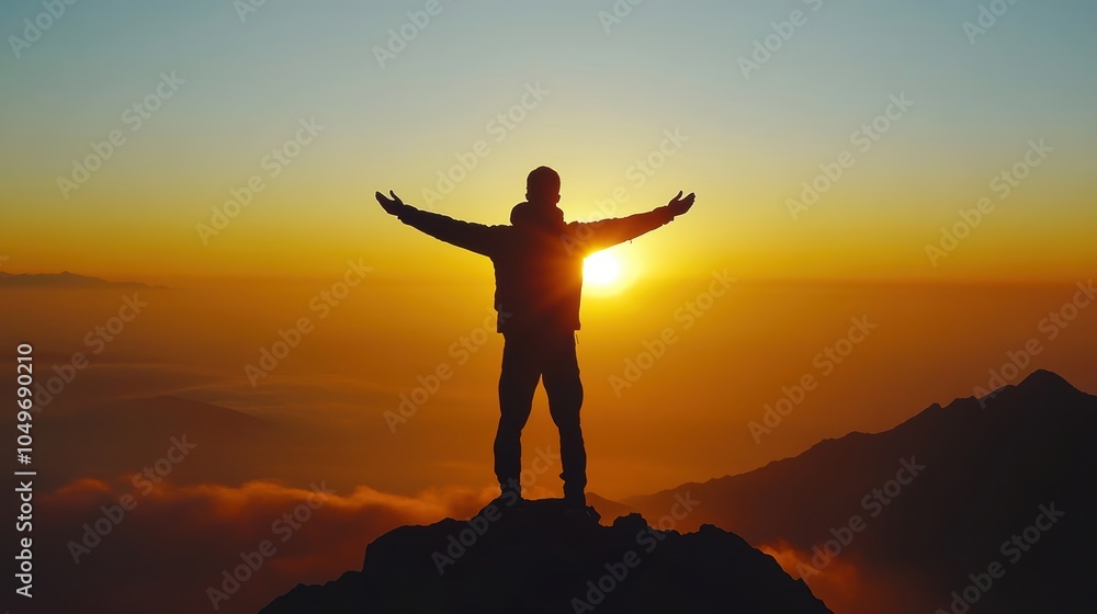 Silhouette of business male stand and feel happy on the most hight at the mountain on sunset, success, leader, teamwork, target, Aim, confident, achievement, goal, on plan, finish, generate by AI Silhouette of business male stand and feel happy on the most hight at the mountain on sunset, success, leader, teamwork, target, Aim, confident, achievement, goal, on plan, finish, generate by AI
