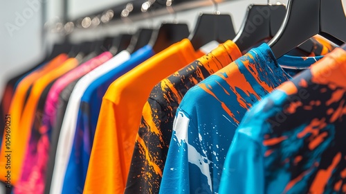 Vibrant athletic shirts displayed on black hangers in store photo