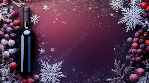 Elegant wine bottle with frosted grapes and winter foliage on red background