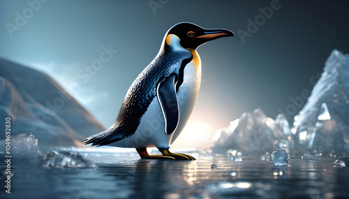 A penguin robot standing on an ice cube in a studio room.