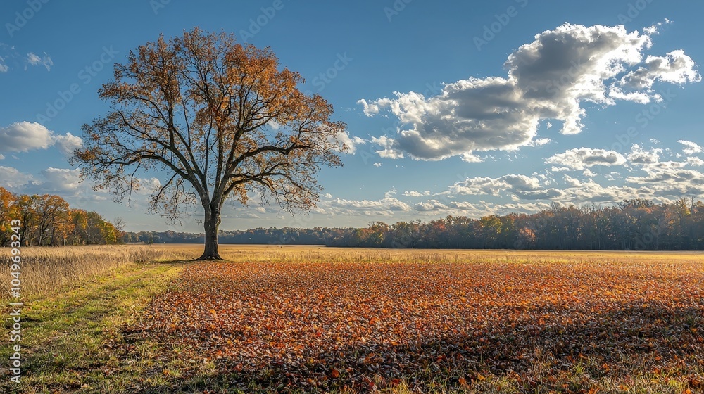 A serene landscape featuring a solitary tree amidst a field of autumn leaves and clouds. A serene landscape featuring a solitary tree amidst a field of autumn leaves and clouds.