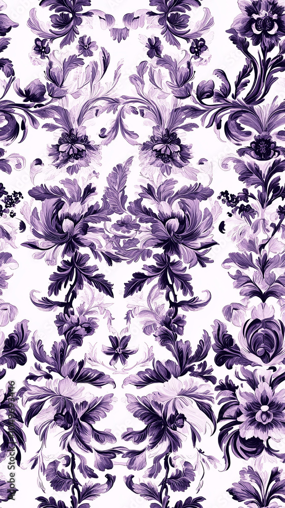 Fototapeta premium Intricate floral design featuring purple and white hues, showcasing seamless Victorian pattern with detailed botanical elements. This elegant pattern adds touch of sophistication to any decor
