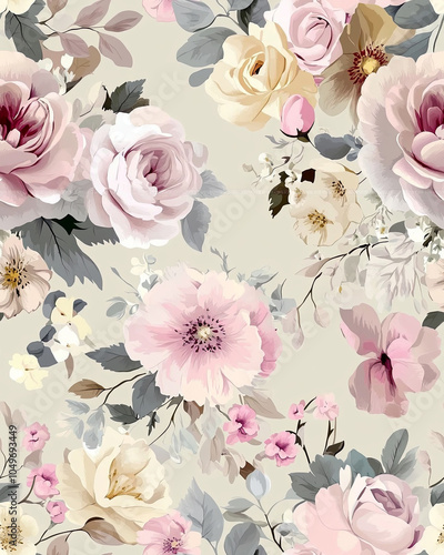 Delicate pastel floral pattern featuring roses, peonies, and various blossoms on soft background, creating serene and elegant atmosphere