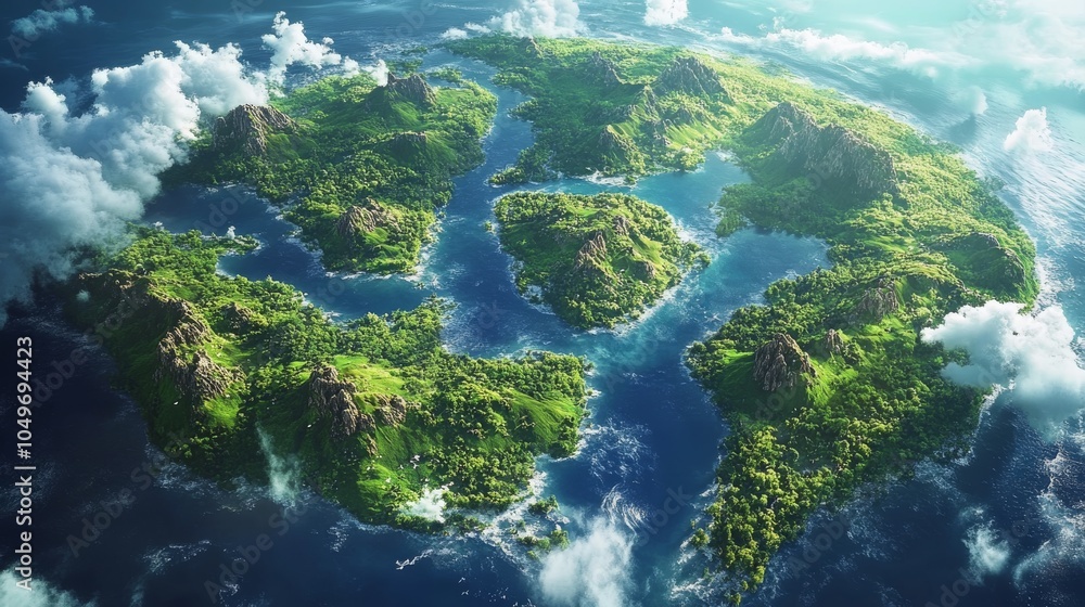 An aerial view of a vibrant, lush island surrounded by blue waters and clouds, showcasing a unique, circular land formation. An aerial view of a vibrant, lush island surrounded by blue waters and clouds, showcasing a unique, circular land formation.