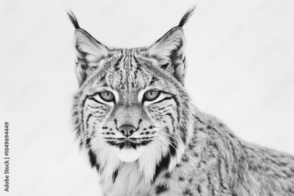 Fototapeta premium Majestic Lynx Portrait: Captivating Close-up of a Lynx in Snowy Landscape, Showcasing Striking Features and Intense Gaze, Ideal for Wildlife Photography Projects