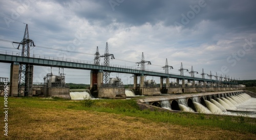 Hydroelectric Power Station on River Dam Under Cloudy Sky