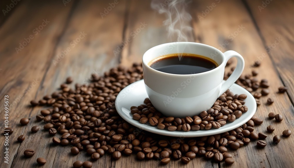 Cup of coffee and coffee beans in a burlap sack on an old wooden background Cup of coffee and coffee beans in a burlap sack on an old wooden background