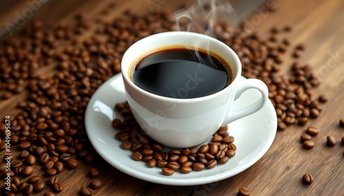 Cup of coffee and coffee beans in a burlap sack on an old wooden background