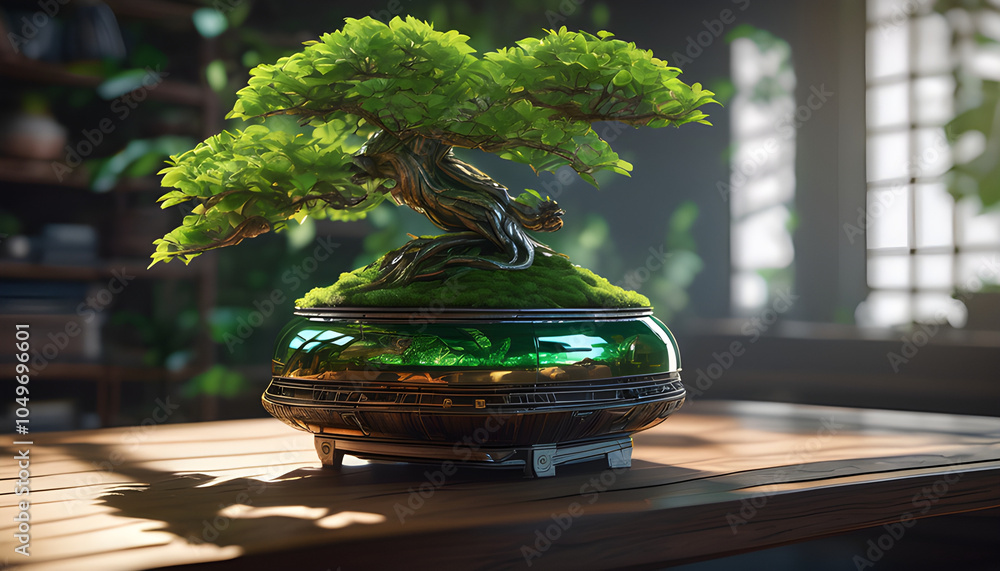A bonsai robot with a delicate metal structure and fresh green leaves. A bonsai robot with a delicate metal structure and fresh green leaves.