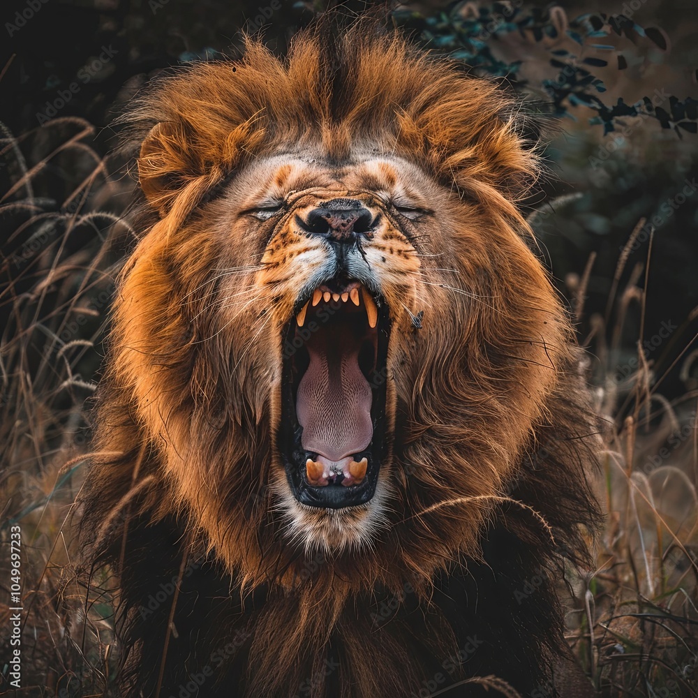 Naklejka premium Majestic Lion Yawning in Golden Grasses: A Striking Close-Up of Natureâ€™s King Showcasing Power and Majesty in a Wild Setting.