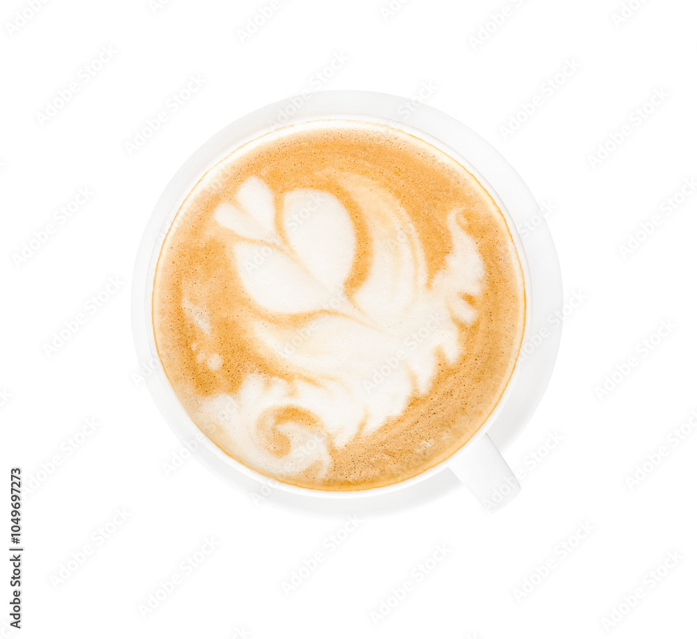 Cappuccino, latte, coffee with milk in a white glass mug. The drawing on the coffee foam. View from above. On a white background. Isolated. Space for text. Copy space Cappuccino, latte, coffee with milk in a white glass mug. The drawing on the coffee foam. View from above. On a white background. Isolated. Space for text. Copy space