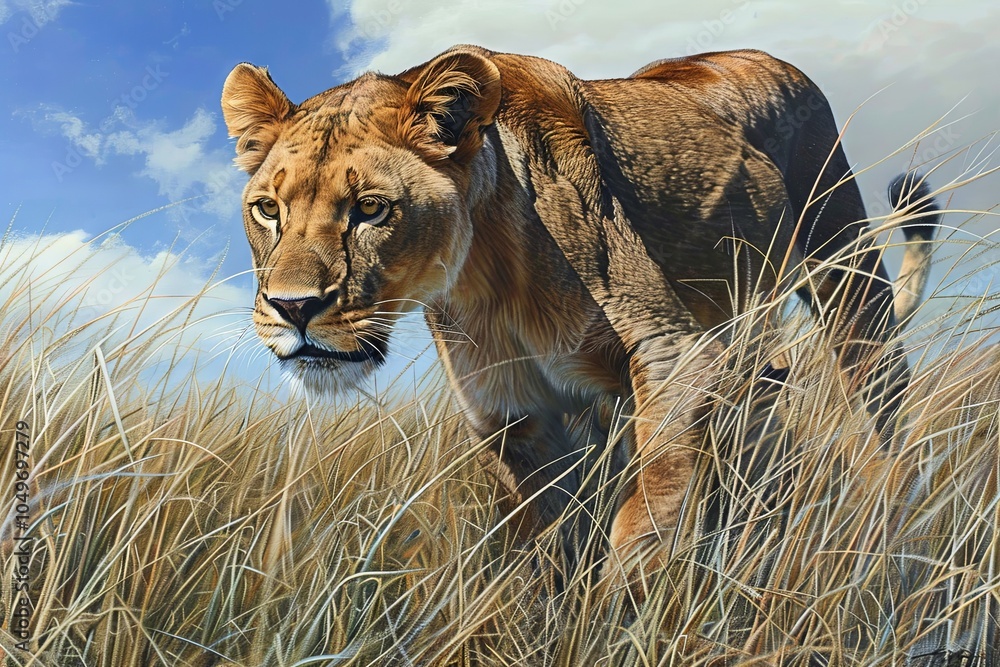 Fototapeta premium Majestic lioness prowling through golden grasses under a bright blue sky, embodying the spirit of the wild in a vibrant, natural landscape.
