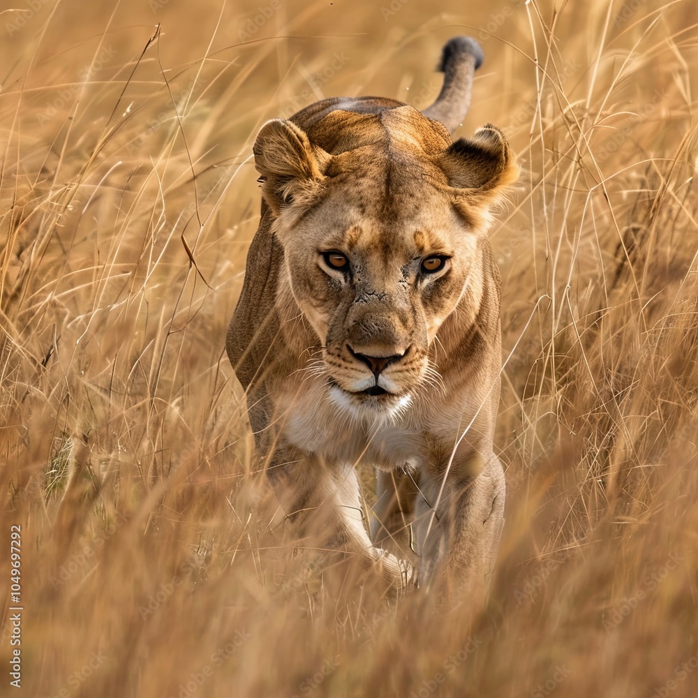Fototapeta premium Majestic Lioness Stalking Through Golden Grasslands, Capturing the Essence of African Wildlife and Natures Untamed Beauty in a Serene Safari Setting