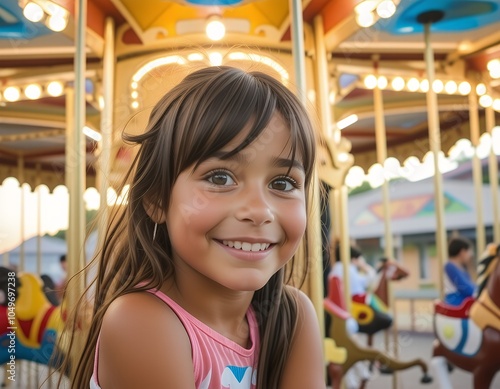 Happy Girl Riding a Carousel at the Amusement Park