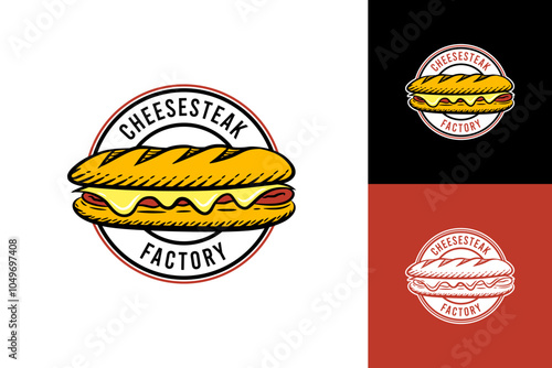 A circular logo for "Cheese Steak Factory" featuring a bold cheese steak illustration at the center, surrounded by the brand name in a strong, classic typeface for an inviting, memorable look.