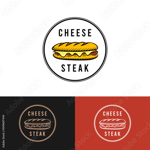 A circular logo for "Cheese Steak Factory" featuring a bold cheese steak illustration at the center, surrounded by the brand name in a strong, classic typeface for an inviting, memorable look.