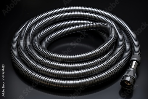 Flexible metallic garden hose coiled on a black surface in a well-lit environment photo