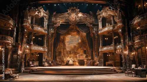 A beautifully decorated theatre stage for a Shakespearean play, featuring elaborate set design and period costumes. The image conveys the richness and historical accuracy of the production, with photo