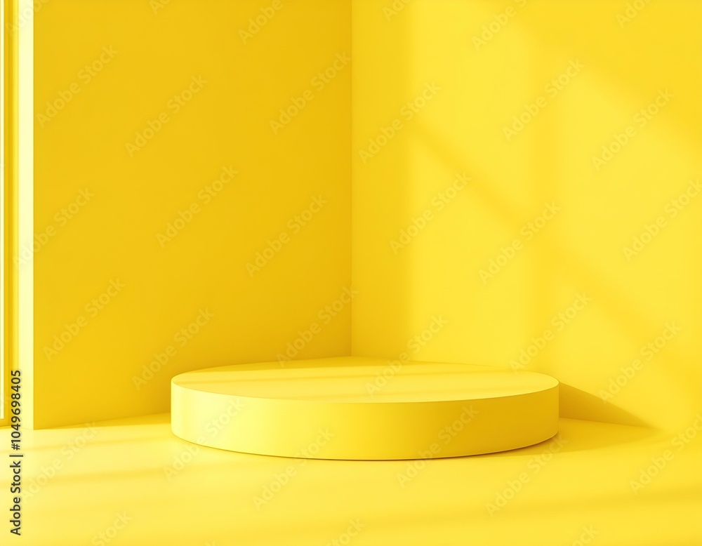 A yellow background with a single beam of light shining down. White cylindrical product display podium on a yellow background with curtains. Concept of product placement, showcase, exhibition A yellow background with a single beam of light shining down. White cylindrical product display podium on a yellow background with curtains. Concept of product placement, showcase, exhibition