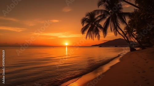 Tropical beach sunset with palm trees