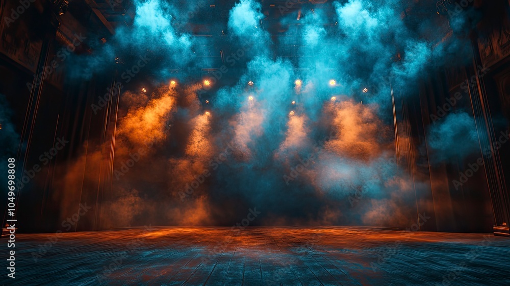 Obraz premium A dramatic shot of a theatre stage with intense lighting effects and fog. The scene conveys a sense of mystery and anticipation, with the stage set for a powerful performance.