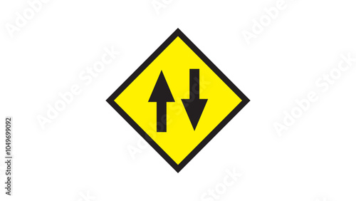 Two way traffic sign featuring opposing black arrows on a yellow diamond background isolated on a white background for road safety signage.