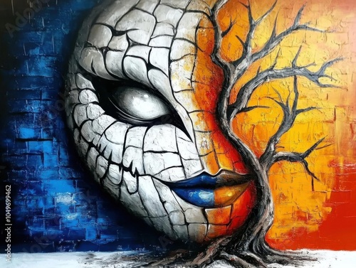 Abstract face tree, vibrant mural artwork