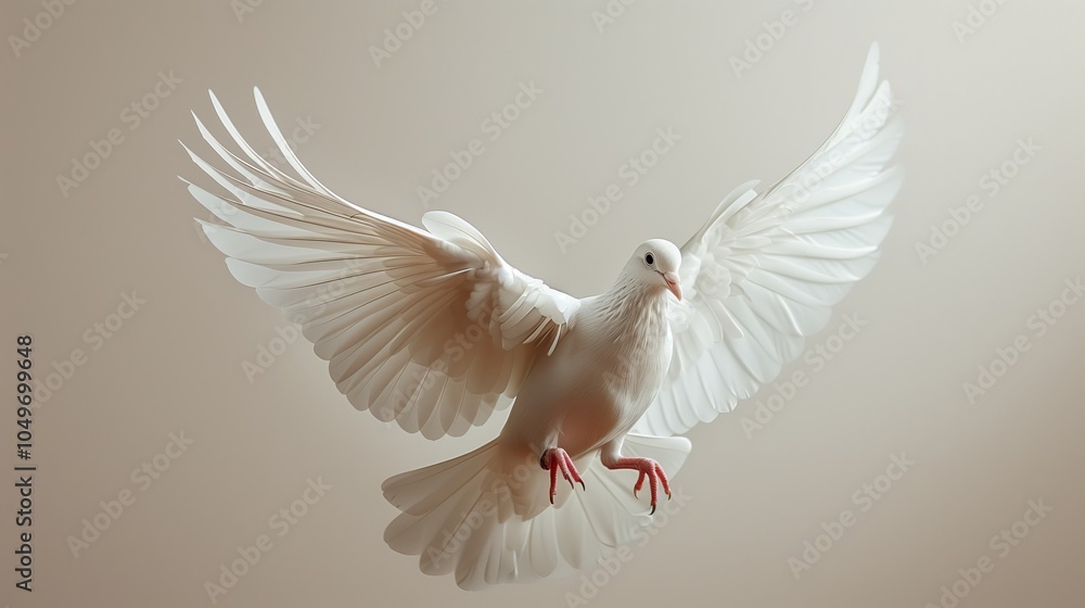 Fototapeta premium Beautiful white dove with open wings flying isolated on the light background
