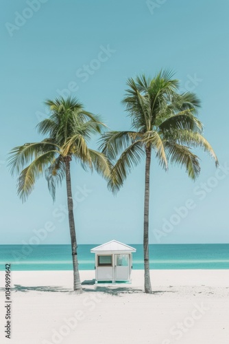 Tranquil beach scene with two palm trees framing a white lifeguard hut, soft turquoise waters, and a clear sky, perfect for relaxation and summer vibes.