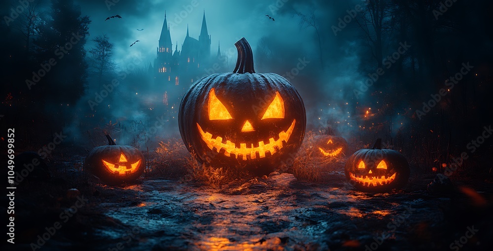 Naklejka premium Pumpkins with Lit Faces