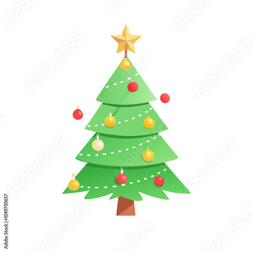 Christmas Tree with Star and Colorful Ornaments