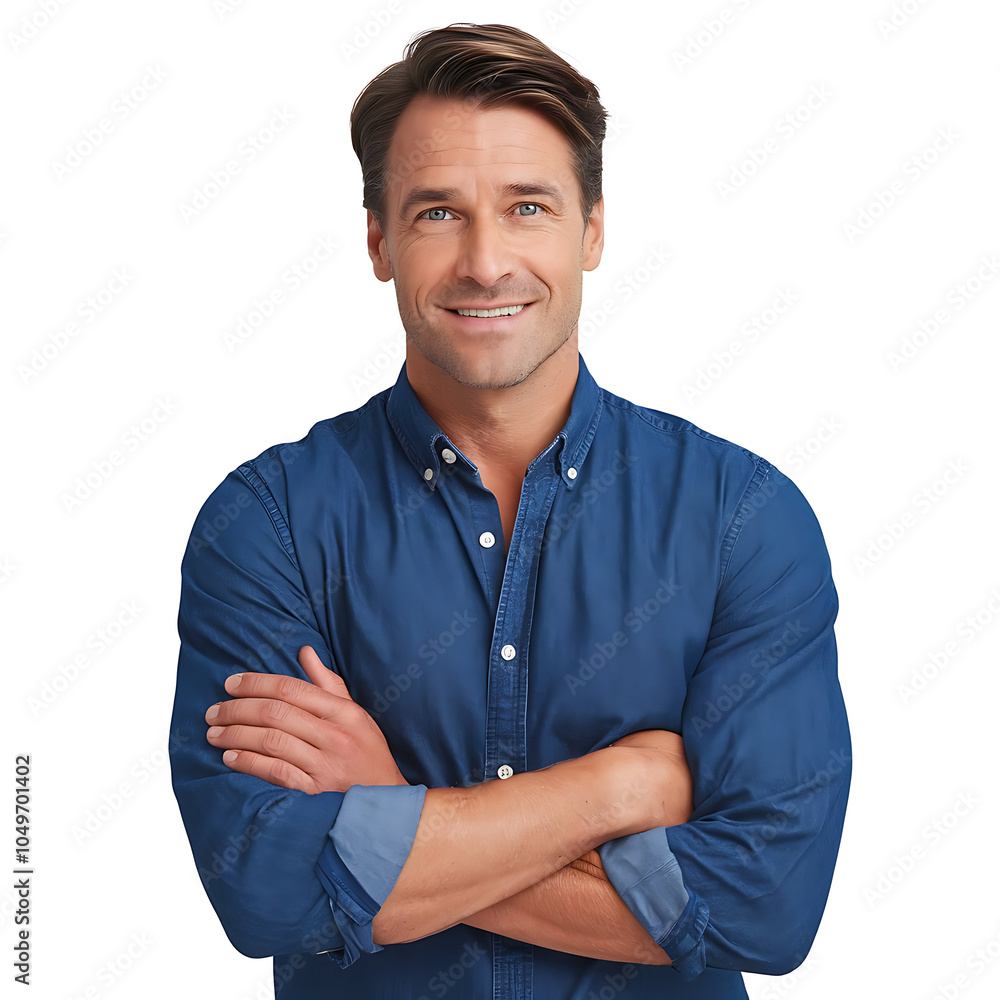 Middle age handsome man wearing blue denim shirt standing over isolated white background happy face smiling with crossed arms looking at the camera. Positive person. See Less