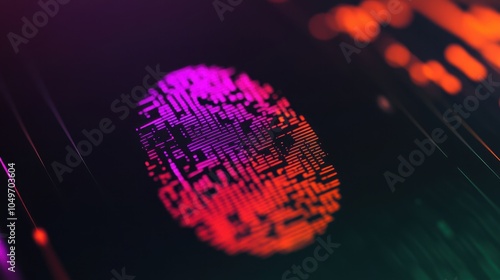 A vibrant, abstract fingerprint made of digital patterns and colorful gradients in deep purple and bright orange against a dark background. Ideal for themes of security and identity. photo