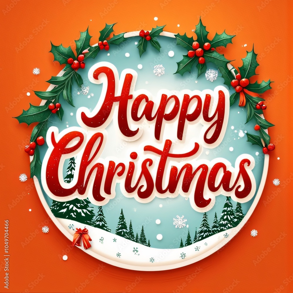 Round Christmas Greeting With Holly & Snowflakes Round Christmas Greeting With Holly & Snowflakes