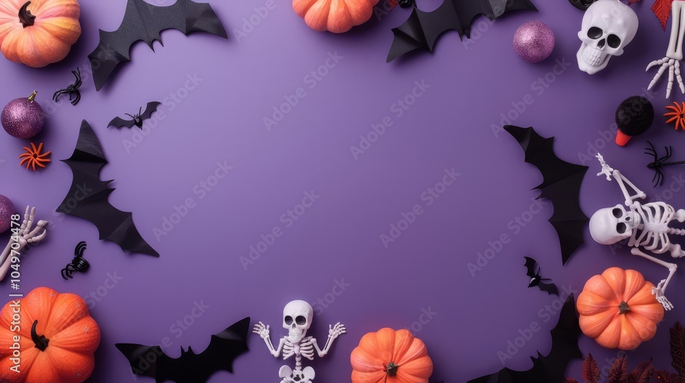 Fototapeta premium Halloween decorations border on purple background. Bats, pumpkins, skeletons, and spiders create a spooky frame.