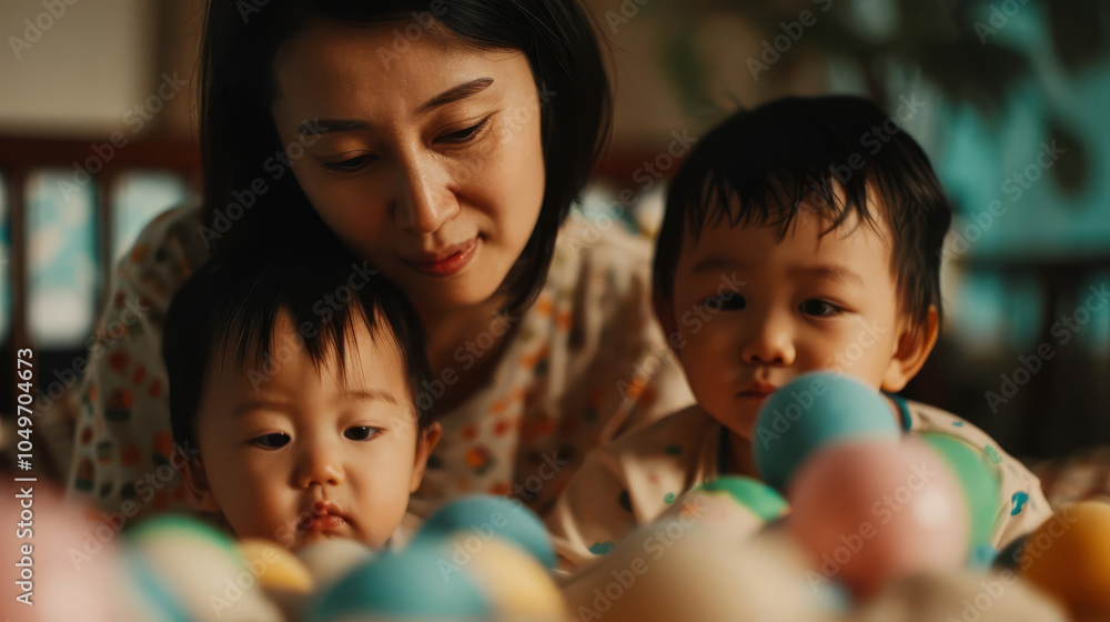 Asian mother lovingly looks at her two toddlers. Asian mother lovingly looks at her two toddlers.