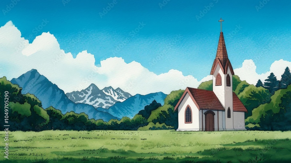A quaint white church with a red roof sits on a green meadow with snow-capped mountains in the background. A quaint white church with a red roof sits on a green meadow with snow-capped mountains in the background.