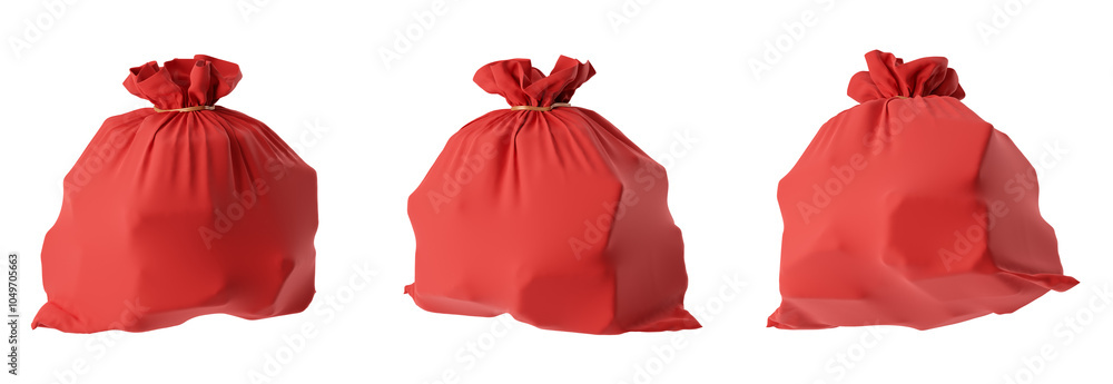 Three red sacks tied with a rope, isolated on a clean white background. Concept of Christmas presents, holiday, or New Year gifts. 3D Rendering Three red sacks tied with a rope, isolated on a clean white background. Concept of Christmas presents, holiday, or New Year gifts. 3D Rendering