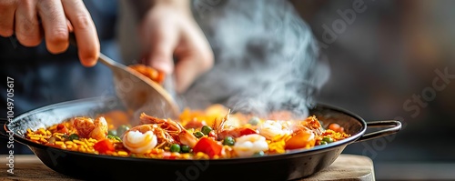 Wallpaper Mural Chef preparing a seafood paella, vibrant colors, steaming hot, rustic table Torontodigital.ca