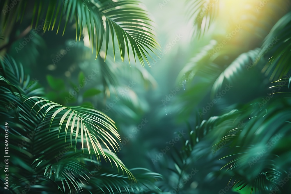 Palm tree leaves in tropical garden with sun light and bokeh Palm tree leaves in tropical garden with sun light and bokeh