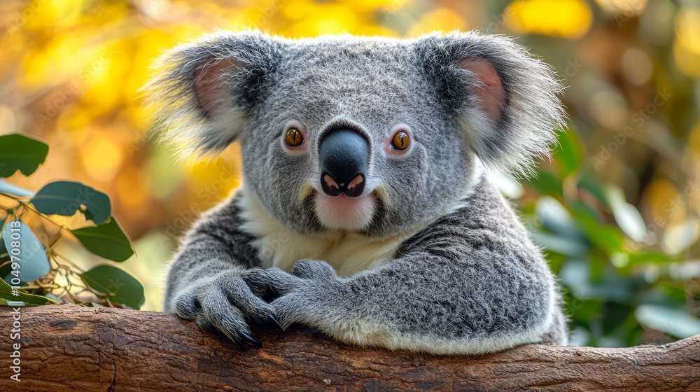 Fototapeta premium Koala resting on branch surrounded by green leaves, showcasing its unique features and calm demeanor in vibrant forest setting