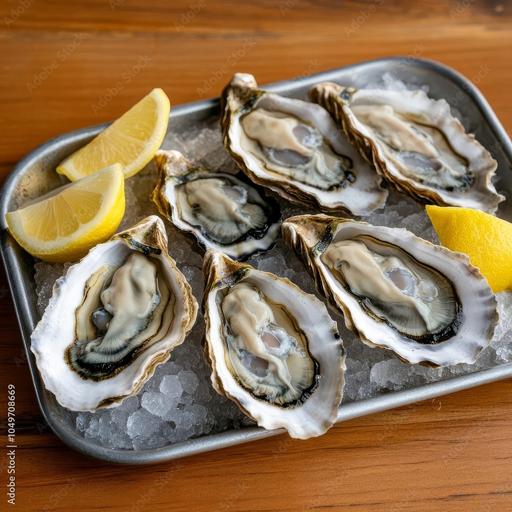 Fresh oysters on a silver tray with lemon wedges, seafood bar lighting Fresh oysters on a silver tray with lemon wedges, seafood bar lighting