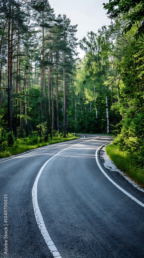 Asphalt road in the forest with foggy morning Asphalt road in the forest with foggy morning