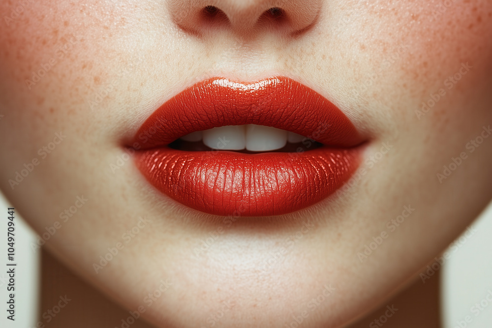 Fototapeta premium Closeup of Freckled Skin with Bold Red Lips AI Generated