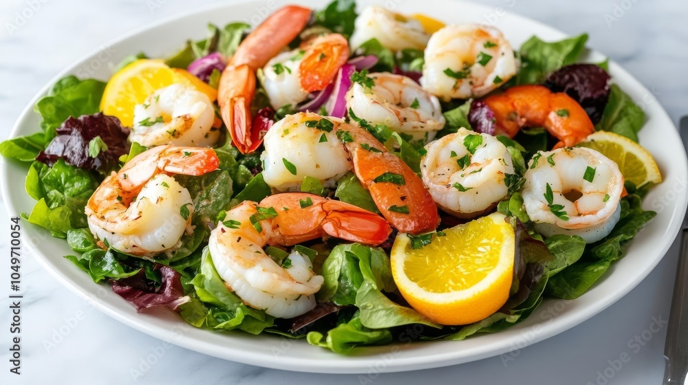 Freshly prepared seafood salad with citrus, light vinaigrette, clean plate Freshly prepared seafood salad with citrus, light vinaigrette, clean plate
