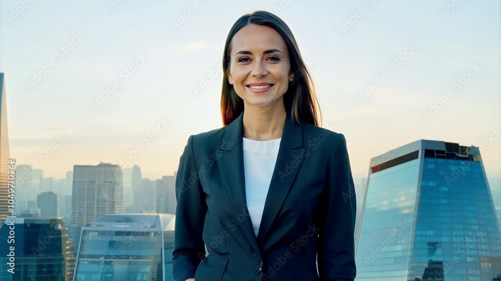 businesswoman against the background of a business center looking at the camera and smiling