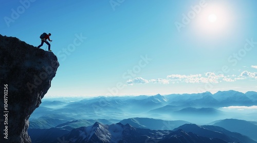 Conquering the Summit: A lone hiker takes a daring leap of faith from a mountain peak, embracing the breathtaking vista of majestic mountains and a boundless sky.