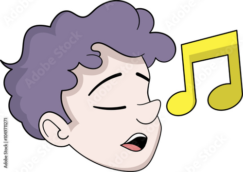 Cartoon Style Illustration of a Young Person Singing with Musical Note Symbol