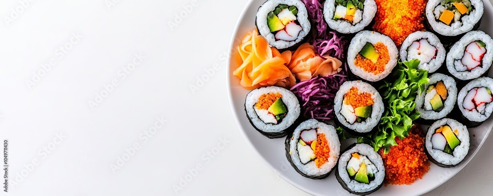 Overhead shot of sushi platter with multiple rolls, colorful ingredients, white background Overhead shot of sushi platter with multiple rolls, colorful ingredients, white background